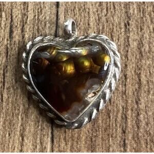 Vintage Sterling Silver Heart Brown Agate Cabochon Southwestern Pendant